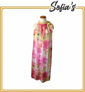 Long Rose-Printed Silk and Sole Dress with Viscose Linen - French Brand, Made in Italy