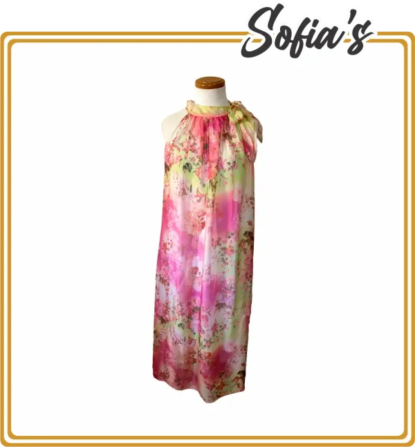 Long Rose-Printed Silk and Sole Dress with Viscose Linen - French Brand, Made in Italy