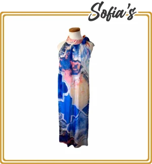 Long Blue and Orange Printed Dress - Silk, Sole, and Viscose Blend, French Brand, Made in Italy