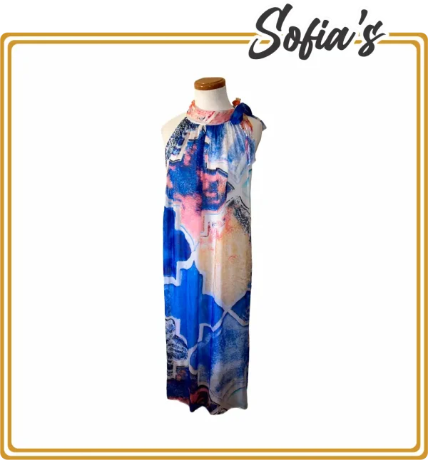 Long Blue and Orange Printed Dress - Silk, Sole, and Viscose Blend, French Brand, Made in Italy