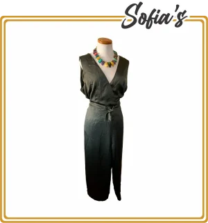 Olive Green Satin Jumpsuit, Size 2 with Pockets