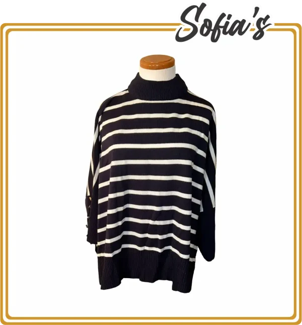 Knitted Sweater in Dark Blue and White Stripes with Puff Sleeves