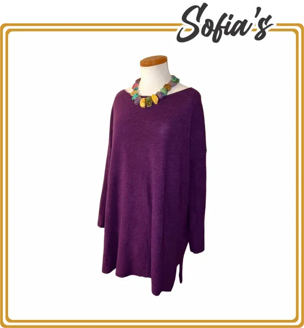 Long Grape-Colored Sweater - Merino Wool, Elleen NY