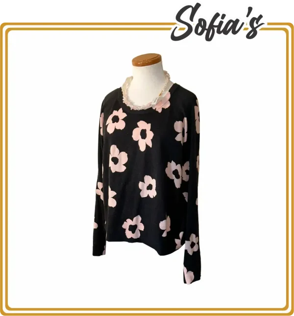 Black Knitted Sweater with Pink Flowers NY Brand