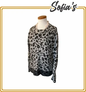 Knitted Sweater with Lead Background and Dark Tiger Prints - 100% Cashmere, Sutton NY