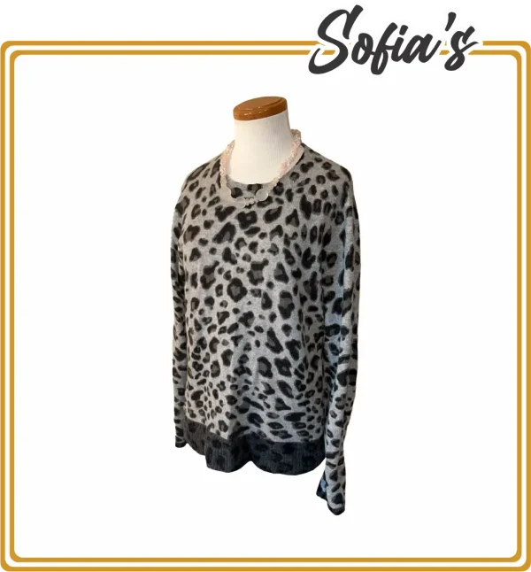 Knitted Sweater with Lead Background and Dark Tiger Prints - 100% Cashmere, Sutton NY