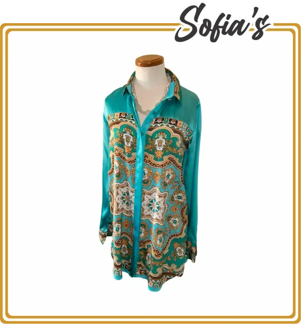 Loose Green and Gold Blouse - Long, Synthetic Material