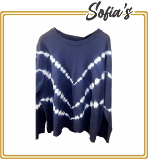 Blue Knitted Sweater with White Stripes - 100% Cotton