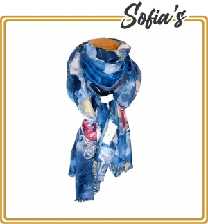 Blue Scarf Printed with Roses and Gold - Jennifer Brand Made in Italy