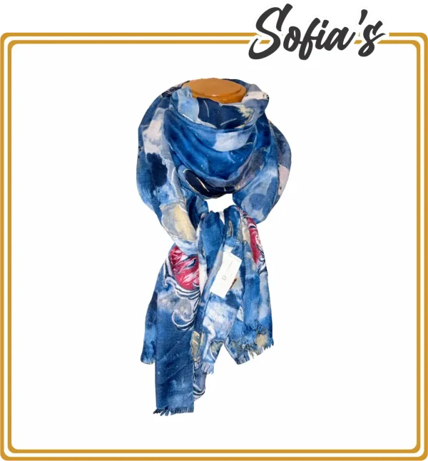 Blue Scarf Printed with Roses and Gold - Jennifer Brand Made in Italy