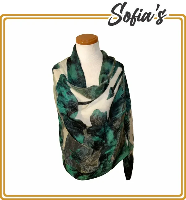 Long Scarf in Green with Transparent Flowers