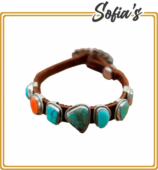 Leather and Natural Stones Bracelet with Silver